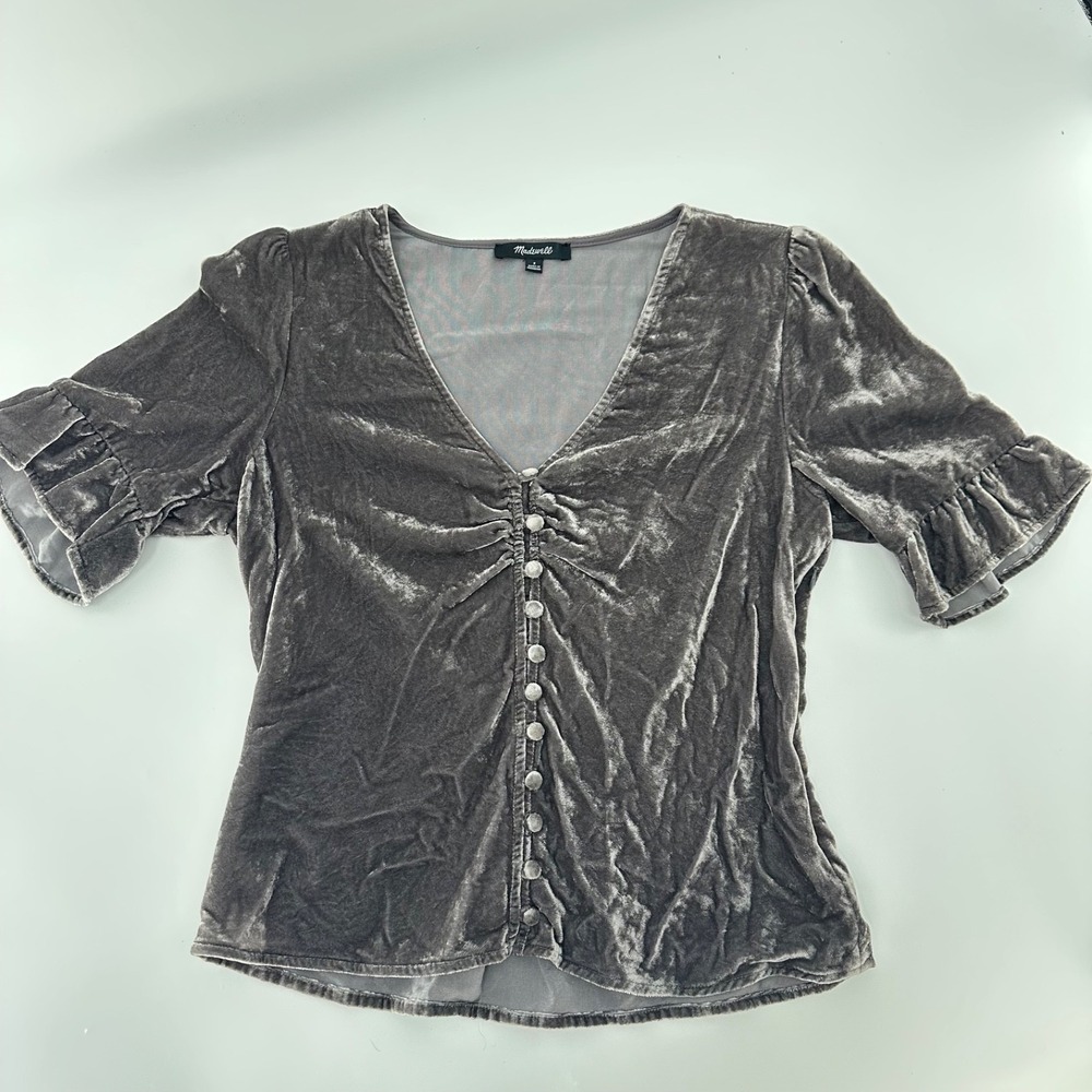 Madewell Velvet Button-Front Tulip Sleeve Top Charcoal Grey Silver Size 2 V-Neck